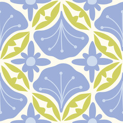 Fototapeta premium Vector seamless floral pattern with blue lilies and green leaves, hand drawn elegant botanical design for fabric, wallpaper, and interior decoration