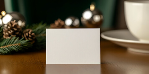 A blank card stands on a wooden surface, reflecting a soft light.  Evergreen branches, pinecones, and shiny ornaments offer a subtle festive touch, creating a serene winter scene.