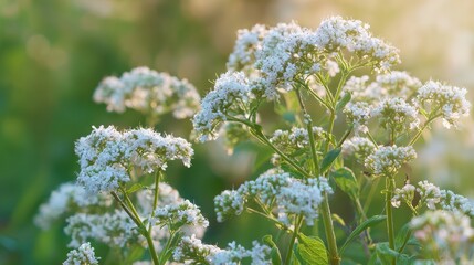 Obraz premium valerian. White valerian flowers swaying softly during golden hour in a botanical setting. gardening catalogs, home-decor guides, designed for home decor and floral branding, promotes healthy living.
