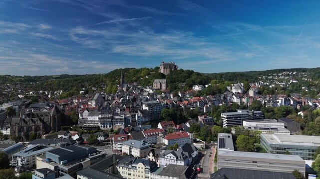 Aerial View of European City with Castle on Hill