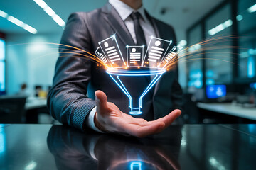 Businessman holding a digital funnel with documents flowing through