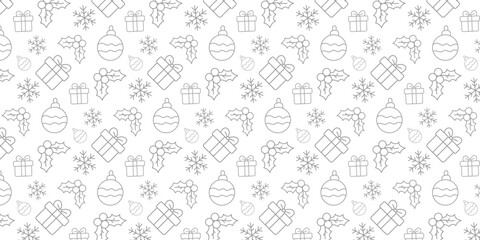 Subtle outline Christmas pattern. Seamless holiday background with festive gift boxes, snowflakes, and ornaments. Perfect for winter designs © roky