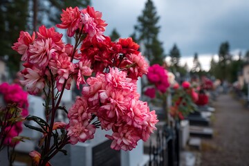 A well-maintained cemetery in Sweden, with a row of gravestones adorned by vibrant red and pink flowers, providing a peaceful and respectful atmosphere.