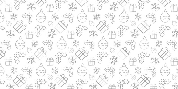 Subtle outline Christmas pattern. Seamless holiday background with festive gift boxes, snowflakes, and ornaments. Perfect for winter designs - Powered by Adobe
