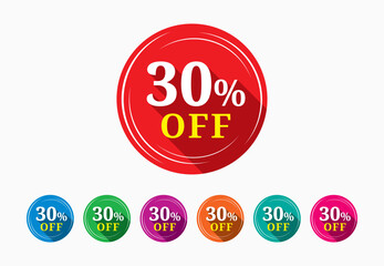 Discount tag template. Discount buy now label pop-up banner with 30 percent off price reduction badge promotion, red discount sale tags with percentages.