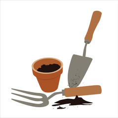 flower vase with soil and shovel
