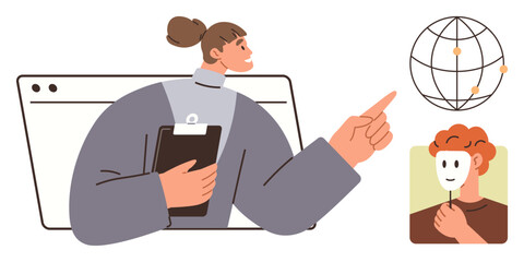 Woman interacts with web browser interface, pointing at sphere with global nodes. Person holding face mask symbolizes identity or deception. Ideal for networking, global communication, cybersecurity