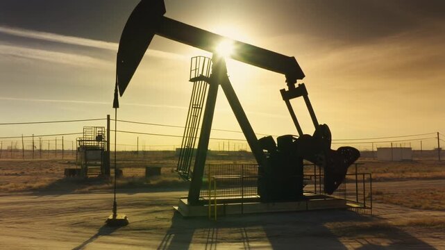 Oil pump jack silhouette operating under golden sunset, industrial energy landscape.