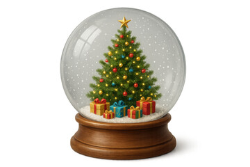 Snow globe with decorated christmas tree and gifts, falling snow, celebrating winter holidays, transparent background