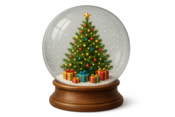 Snow globe with decorated christmas tree and gifts, falling snow, celebrating winter holidays, transparent background