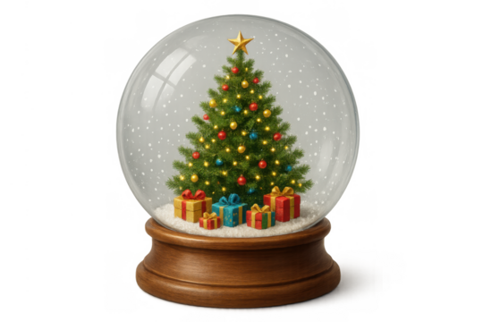 Snow globe with decorated christmas tree and gifts, falling snow, celebrating winter holidays, transparent background - Powered by Adobe