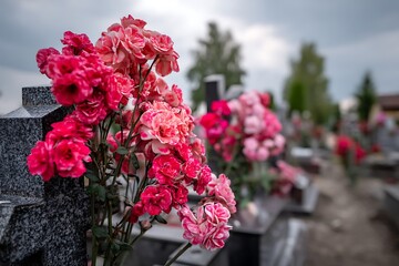 A well-maintained cemetery in Sweden, with a row of gravestones adorned by vibrant red and pink flowers, providing a peaceful and respectful atmosphere.