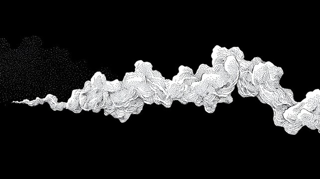 Detailed monochrome illust n featuring an abstract flowing form resembling smoke or clouds characterized by fine stippling and linework set against a stark black background