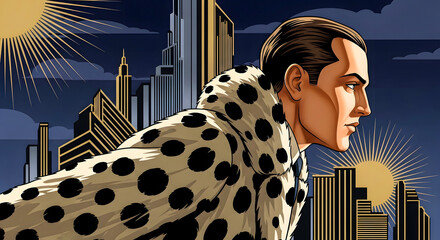 Art Deco Glamour A Fashionable Figure in a Polka Dot Coat Against a Retro Cityscape at Sunset