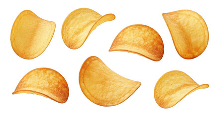 A collection of crispy potato chips, each with a golden hue