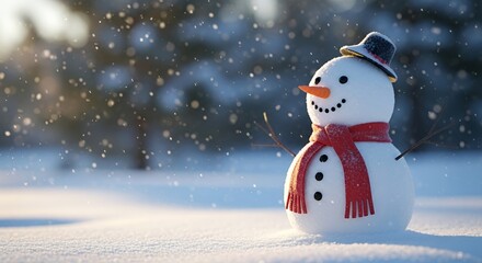 Cute snowman wearing a red scarf and black top hat stands in a snowy forest clearing with sunlight and falling snow. Winter fun concept.