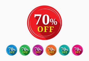 Discount tag template. Discount buy now label pop-up banner with 70 percent off price reduction badge promotion, red discount sale tags with percentages.