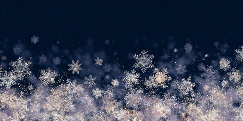 Numerous intricate ice crystals drift and accumulate against a deep indigo night backdrop.