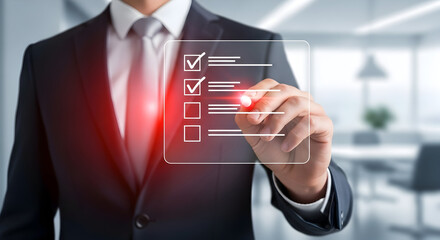 Professional businessman completes checklist tasks with digital pen in modern office