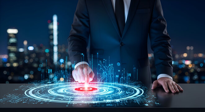 Businessman activates futuristic digital interface in modern city nightscape