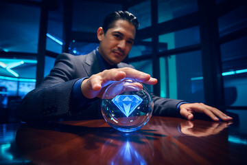 Man in suit holding a crystal ball with a diamond inside