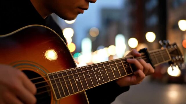 &ldquo;Street Musician Playing Guitar at Dusk with City Lights Bokeh&rdquo;
