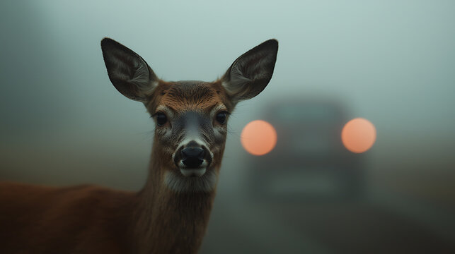 A deer stands in the fog on the side of the road with car lights in the background, creating a mysterious and slightly unsettling scene. Wildlife meets modern transport.