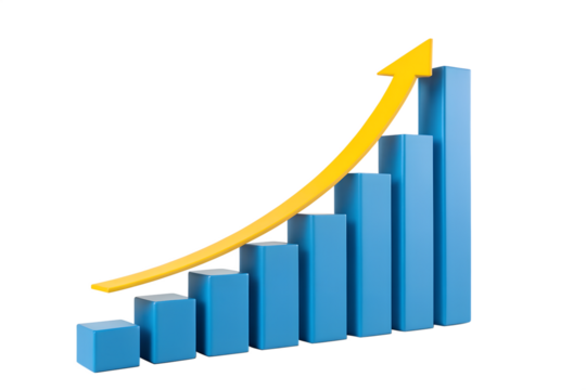 Rising blue bar graph with a yellow arrow indicating upward financial growth and positive trend