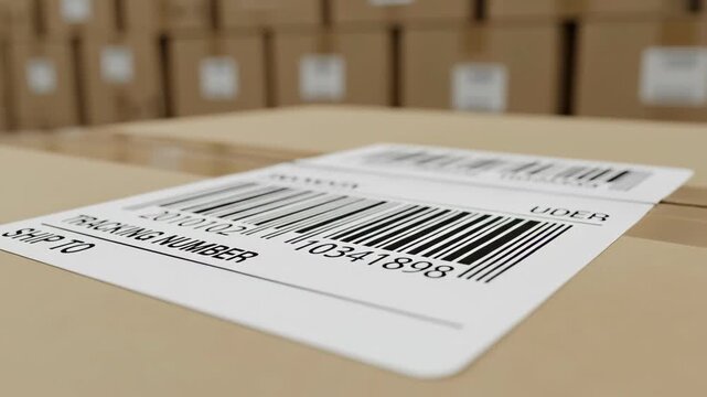 A close-up view of a shipping label displaying a barcode and tracking number on a cardboard box