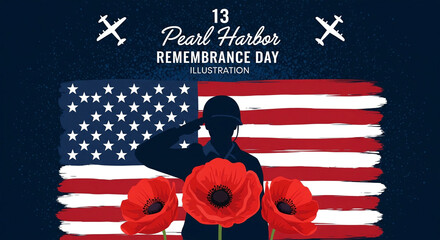 An illustration commemorating Pearl Harbor Remembrance Day features a stylized silhouette of a saluting soldier set against a backdrop of the American flag