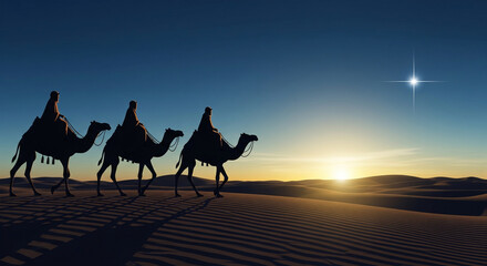 Three figures, presumably the biblical Magi, ride atop camels across a desert landscape at dusk