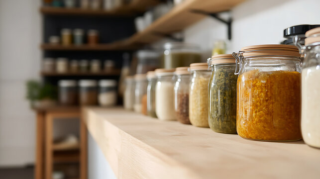 Pantry essentials organized in glass jars, lined up on a wooden shelf. An eco-friendly kitchen storage solution for grains, spices, and dry goods. Shelf-stable staples.