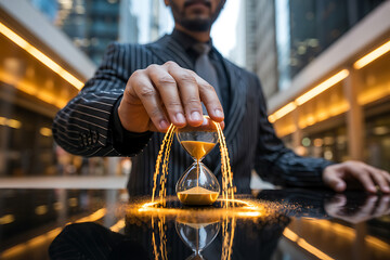 Man with hourglass and flowing sand in city