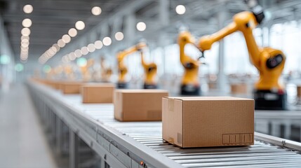 Automated Robotic Arms In Modern Factory Assembly Line Moving Cardboard Boxes In Industrial Manufacturing Setting With Bright Overhead Lighting