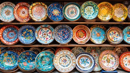 A colorful display of ornate ceramic plates with intricate designs, stacked on shelves in a market setting.