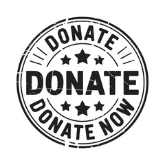 Circular stamp graphic with the word donate repeated and stars