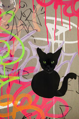 Urban graffiti artwork shows black cat with green eyes surrounded by colorful neon paint lines on city wall.