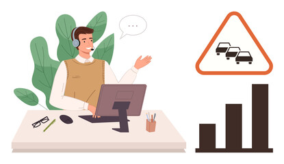 Customer service agent in headset interacting at desk with rising chart and traffic alert sign. Ideal for communication, data analysis, traffic management, help desk, customer support, multitasking