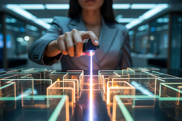 Woman manipulating a holographic cube with a light beam