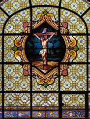 The Crucifixion of the Lord. Stained-glass window in Église Saint-Sulpice (The Church of Saint-Sulpice) in Paris.