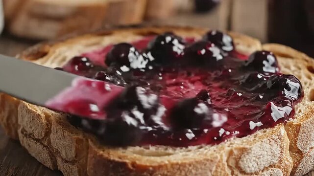 4K close-up footage showing thick and glossy blueberry jam being spread over a rustic slice of bread