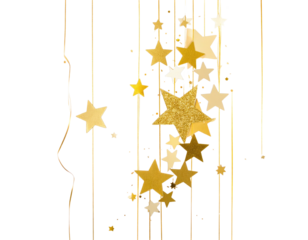 A collection of gold stars, with varying shades and sizes, suspended from vertical lines, on black
