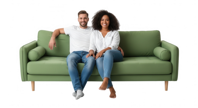 Happy couple sitting on a green couch, smiling and looking at the camera