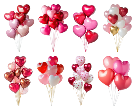 PNG Colorful heart-shaped balloon bouquets, element set on transparent background