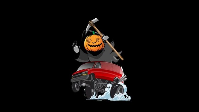 Animation Happy Halloween, Cute Grim Reaper with red Van (transparant background, mov file 4k)
