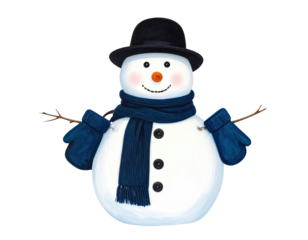 Whimsical snowman illustration with hat, scarf, mittens, arms, and button details on a transparent backdrop