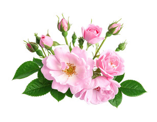 Obraz premium Close-up of delicate pink blooms and buds with verdant leaves on a stark black backdrop