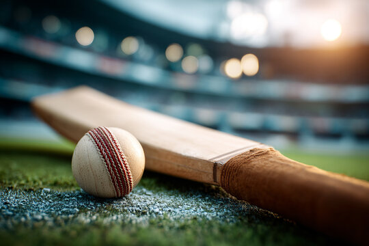 A cricket bat and ball resting on the grassy pitch, with a blurred stadium background, setting the scene for a match.