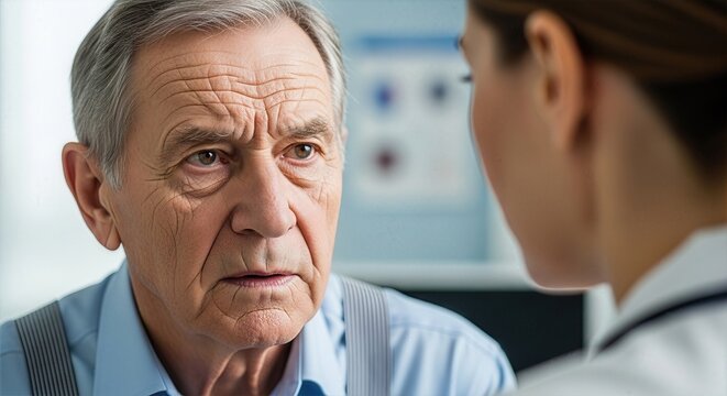 Mature Physician Team Discussing Serious Elderly Woman's Healthcare, Conveying Compassionate Unity in Hospital Setting Ideal for Empathetic Medical Websites and Presentations.