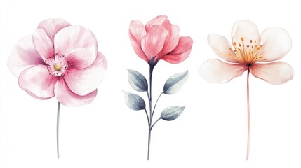 Three watercolor flowers are arranged in a row against a white background. The flowers vary in color and shape. The first flower is a large, pink flower with a dark center. 